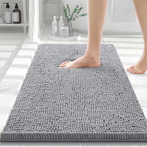 Smiry Luxury Chenille Bathroom Rugs 30x20, Extra Soft and Absorbent Shaggy Bath Mat, Machine Washable, Non-Slip Plush Carpet Runner for Tub, Shower, and Floor, Home Decor Accessories, Grey