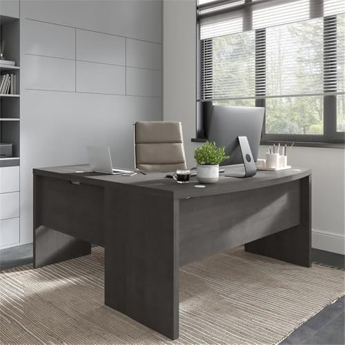 Image of Bush Business Furniture Echo L Shaped Bow Front Office Desk in Charcoal Maple, Modern Computer Table for Home or Professional Workspace