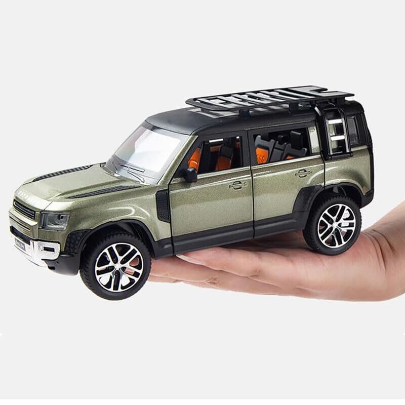Image of Kids Model 1:24 Land Rover Defender Die Cast Metal Car Pull Back Action Opening Doors with Realistic Engine Sound Lights Toy Car Gift for Boys - Green