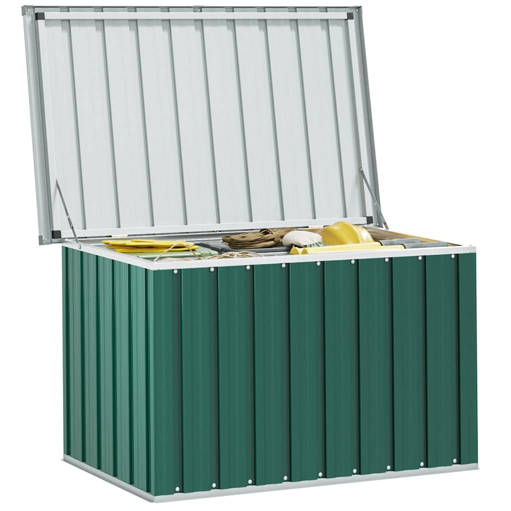 Contenitore da giardino verde in acciaio zincato, 109 x 67 x 65 cm, con coperchio ribaltabile per cuscini e armadietto per attrezzi, per tenere ordine all'aperto