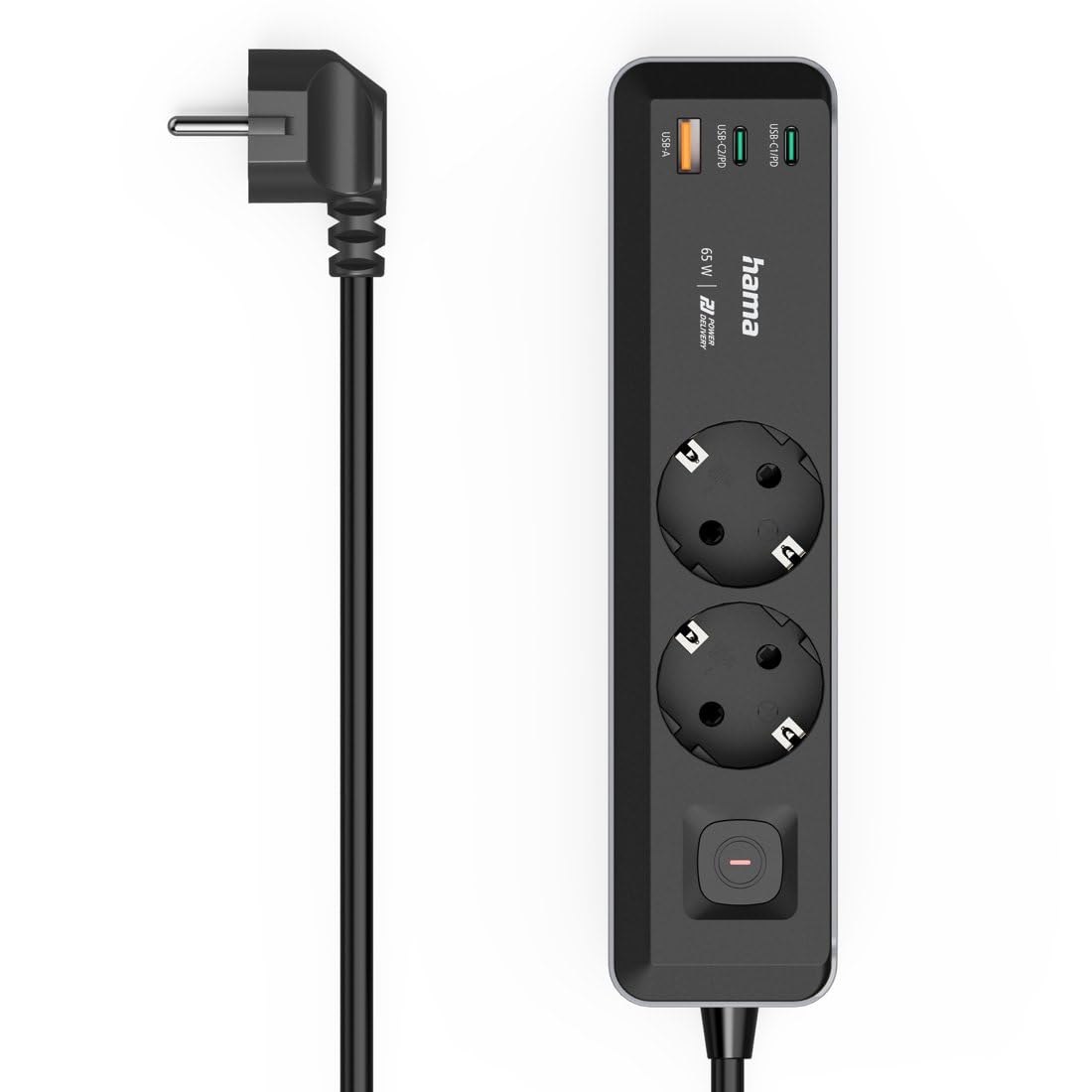Hama Steckdosenleiste mit 2 Erdungssteckdosen + 3 USB-Ports mit Schalter (Mehrfachsteckdose, 2 x USB-C + 1 x USB-A, 65 W PD, Schnellladung, Kabel 1,4 m, 2 Schuko-Steckdosen, kompatibel mit Frankreich