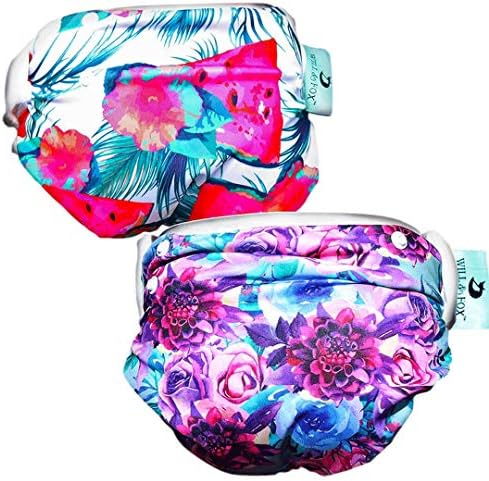 Reusable Swim Diapers for Babies, Infants & Toddlers - Adjustable Girls Swimming Diaper 0-2 Years, Eco-Friendly Washable with Snaps – Floral & Watermelon – 2 Pack by Will & Fox