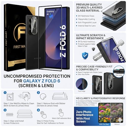 Image of FIRST MART Tempered Glass for Samsung Galaxy Z Fold 6 with Clear Camera Lens Protector & Installation Kit | HD Clear, Edge-to-Edge, Scratch Resistant, Case-Friendly | Pack of 1