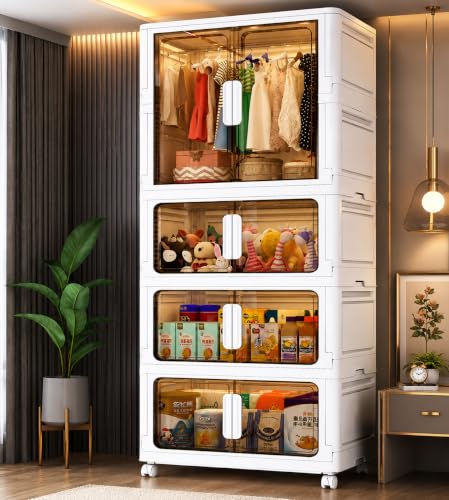 Image of EXVITO Modular Plastic Wardrobe for Bedroom | 3 Tier+1 Bins Foldable Cupboard with Hanging Rod | Stackable Storage Almirah for Clothes with Wheels | Multi-Layer Plastic Storage Cabinet - White
