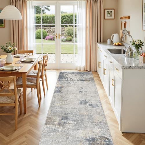 3X10 Washable Runner Rug for Hallway: Soft Neutral Modern Abstract Area Rug - Non-Slip Low Pile Long Throw Indoor Carpet for Kitchen Entryway Kitchen Bedroom Laundry - Blue Grey