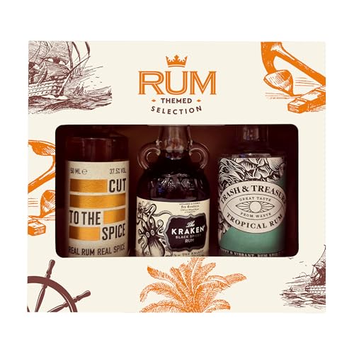 Spiced and Flavoured Rum Selection Trio Gift Set - Cut to the Spiced Rum 37.5% ABV Kraken 40% ABV & Trash & Treasure Tropical Rum 37.5% ABV 3 x 5cl Spiced Rum Miniatures by Blue Tree Gifts