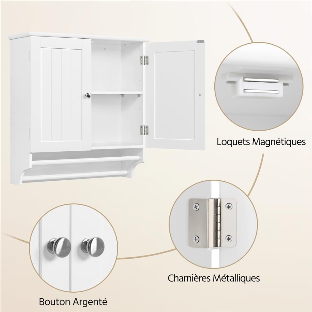 Yaheetech Meuble Haut/Armoire Murale de Salle de Bain en Bois, 60 x 22,5 x 64 cm, 2 Portes/Étagères/Porte-Serviettes, Meuble Suspendu Toilette WC Entrée Blanc