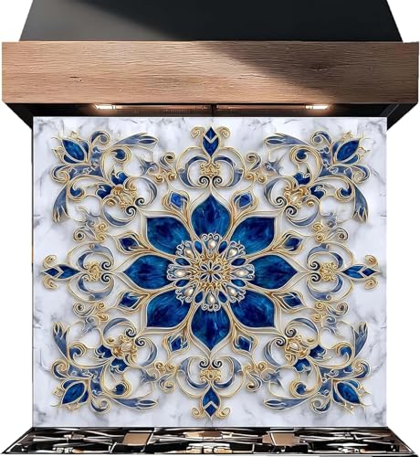 Elyese Royal Blue Mandala Kitchen Backsplash, Tempered Glass Backsplash, Heat Resistant Backsplash, Glass Back Splash Stick on Tiles for Kitchen, Easy to Clean Stove Backsplash