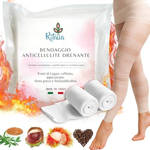 Ritalia® BENDAGGIO ANTICELLULITE SNELLENTE RASSODANTE con principi attivi 100% VEGAN 2 Bende DRENANTE GAMBE extra lunghe per gambe, glutei, pancia e fianchi azione tonificante (Bende)