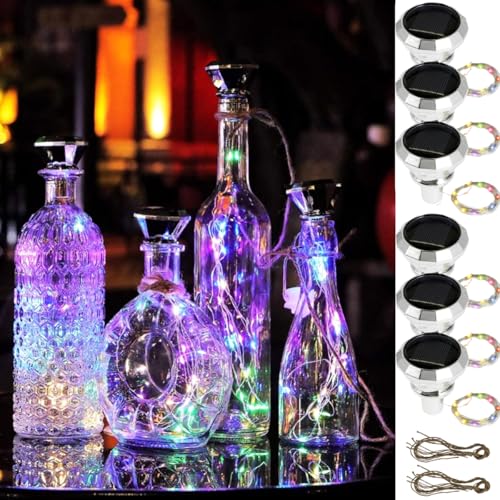 6Pcs Solar Wine Bottle Lights 20 LED Solar Bottle Fairy Light with Cork 2M Copper Wire Outdoor Waterproof Cork Light for Bottles Auto On/Off Decorative Lamp for Christmas Party Festival (Colorful)