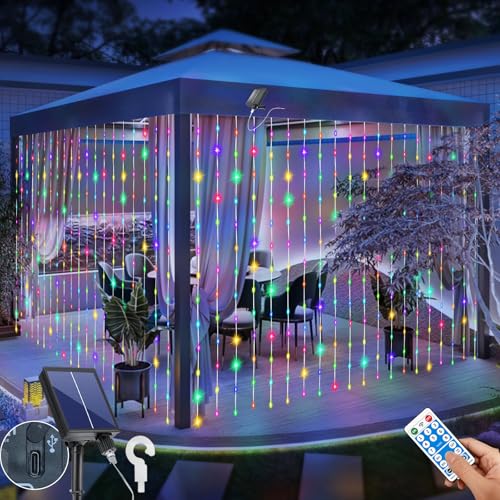 Solar Curtain Lights Outdoor 10 x 10Ft 300LED Waterproof Waterfall Light with 8 Modes Remote USB...