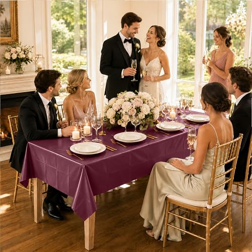 Image of WNINK 2 Pack Burgundy Disposable Plastic Tablecloths, Waterproof Rectangle Table Covers 54 x 108 Inch, Party Tablecloth for Birthday Party, Baby Shower, Wedding, Holiday and Event Decorations