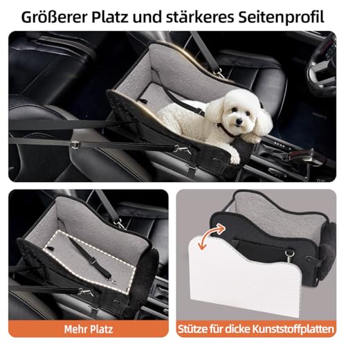 GGW Auto-Hundesitz für Kleine Hunde & Katzen | Sicherer Hunde-Sitz mit Doppelter Befestigung, Wasserdicht, Seitentaschen & Schnellmontage (Passt zu 99% Mittelarmlehnen) (Leder-Schwarz, Normaler Stil)