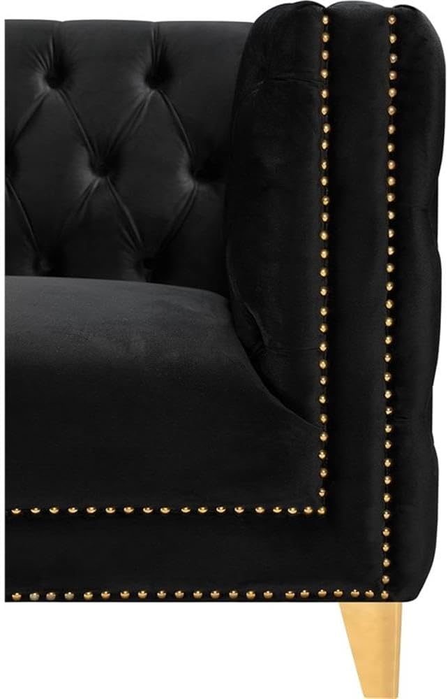 Meridian Furniture 652Black-C Michelle Collection Modern | Contemporary Chair with Deep Button Tufting, Gold Nailhead Trim and Sturdy Gold Iron Legs, Black Velvet, 44" W x 34" D x 30" H