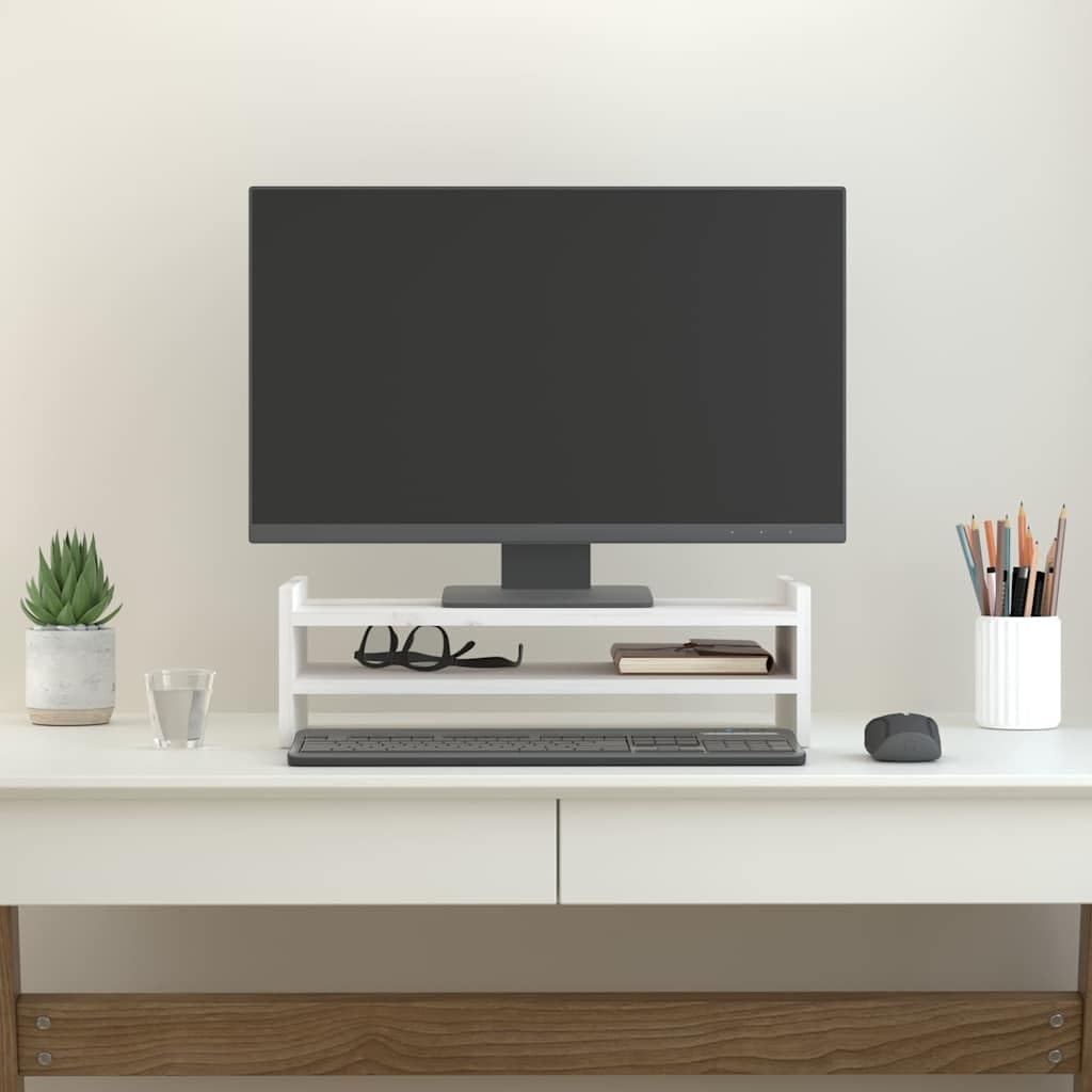 Supporto per monitor bianco in legno di pino massiccio, 50 x 27 x 15 cm, rialzo ergonomico per PC, laptop, tablet, organizer da scrivania salvaspazio per ufficio e home office