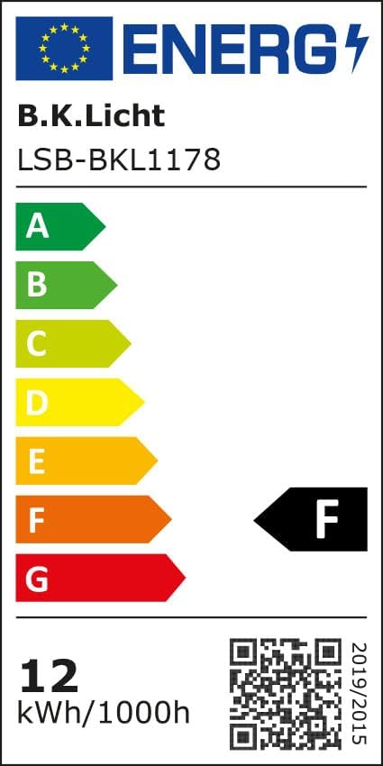 EU Energy Label for the B.K.Licht LED light, indicating an energy efficiency class of F and 12 kWh/1000h consumption.