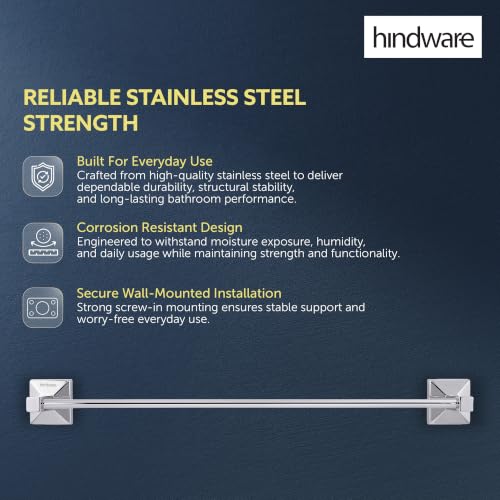 Image of Hindware Stelo Towel Holder for Bathroom - 24 Inch Wide|Superior Stainless Steel | Space Saving Towel Hanger |Mirror Like Chrome Finish | Corrosion Resistant|Dimension(mm): 610*86*52 | 1-year Warranty
