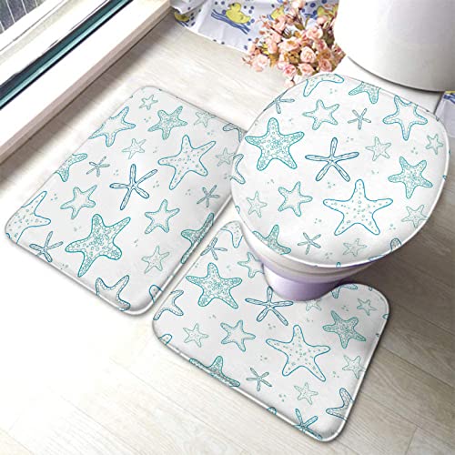 Badezimmerteppich-Set, 3-teilig, Starfish Blue Line Art, nahtloses Muster, waschbare Badteppiche, rutschfest, mit Rückenpolster, Konturteppich und Toilettendeckelbezug