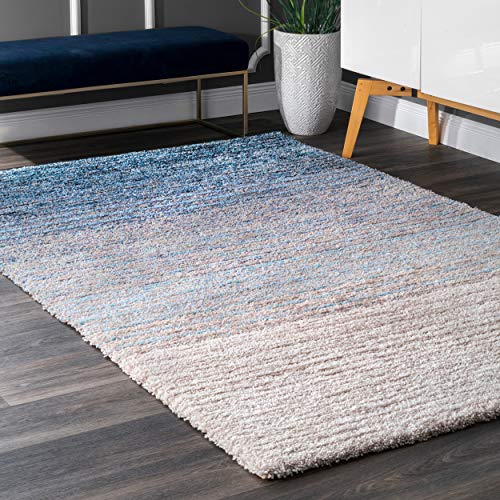 Tauhid Carpet Handwoven Shag Collection Modern Abstract Non-Shedding Area Rug 4x6 feet Salt Blue Multi.