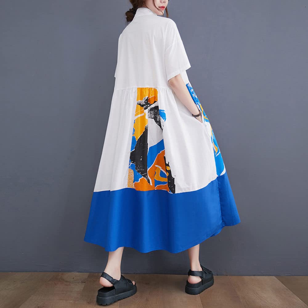 Robe Bohème, Femmes Décontractées Robes Lâches Bouton De Col De Chemise Patchwork Vintage Blanc Manches Courtes Maxi Robe Été Fête Tous Les Jours Plage Décontracté Balançoire Robe Mi-Longue