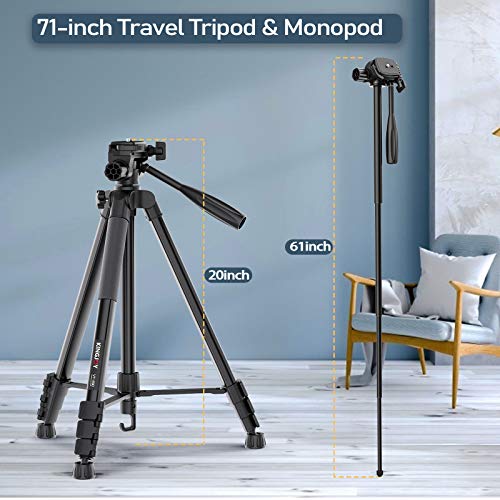 KINGJOY 71-inch Camera Tripod Aluminum Monopod Height 180 cm - Lightweight and Compact for Travel with 3-Way Swivel Head and Quick Release Plates for Canon Nikon DSLR Video Shooting - Thumbnail 7