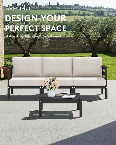Image of SERWALL HDPE Outdoor Furniture Set, 4 Pieces Patio Sectional Sofa Set | All-Weather Wood-Like Outdoor Sofa Couch with Coffee Table, Modular Design for Flexible Combination