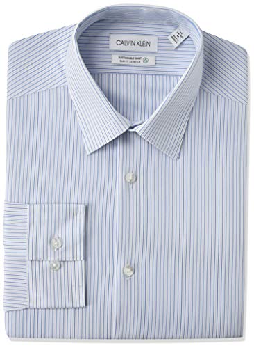 Calvin Klein Men's Dress Shirt Slim Fit Non Iron Stretch Stripe, Stream, 17.5