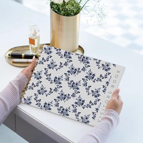 Image of Visitor Book - 8 x 12 Inches | White Floral Wire Bound Guest Register for Hotels, Offices, Exhibitions, Boutiques & Business Use | Medium Size Visitor Log Book for Reception & Front Desk