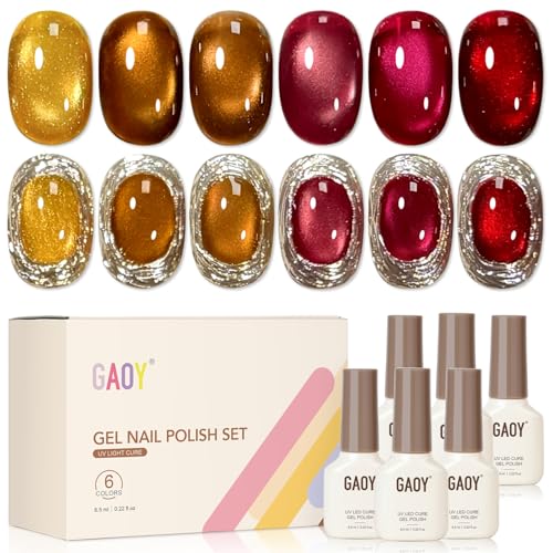 GAOY Glitter Cat Eye Gel Nail Polish Set with Magnet 6 Colors Gold Red Brown Glitter Gel Holography Long Lasting for Nail Art at Home & Salon Manicure