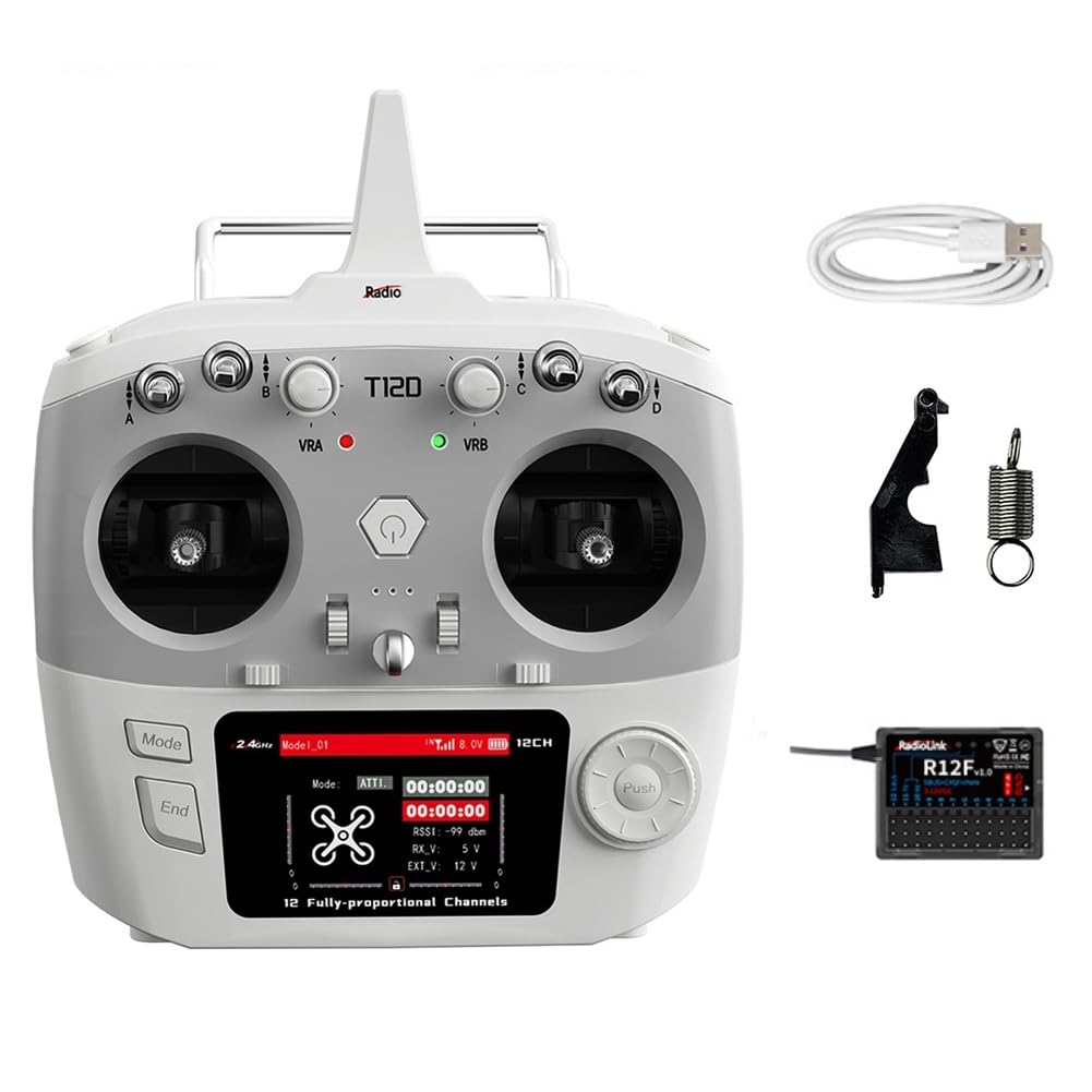 Per RadioLink T12D 12CH Trasmettitore RC + Ricevitore R12F 2.4GHz Controller Remoto per Drone FPV, Aeroplani A Ala Fissa e Automobili R
