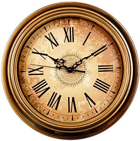 Wall Clock Non Ticking Battery Operated Vintage European Style Roman Numerals Easy to Read Decorative Living Room 12 Inch Golden Brown