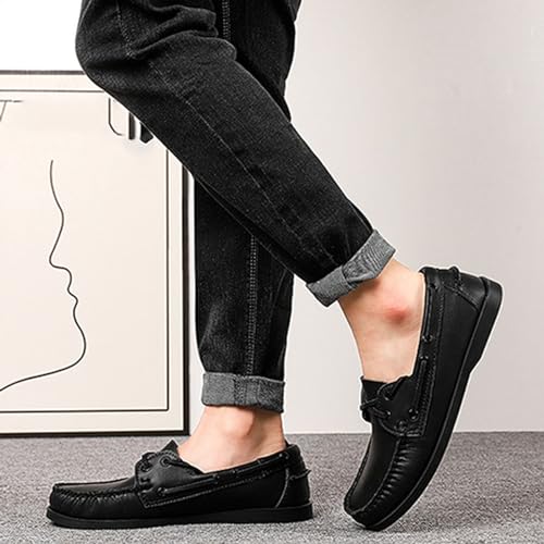 Men's Genuine Leather 2 Eye Flat Penny Loafers Oxford Breathable Slip On Closed Round Wide Toe Soft Sole Light Weight Boat Shoes Comfortable and Non-Slip Casual Driving Walking Shoes4