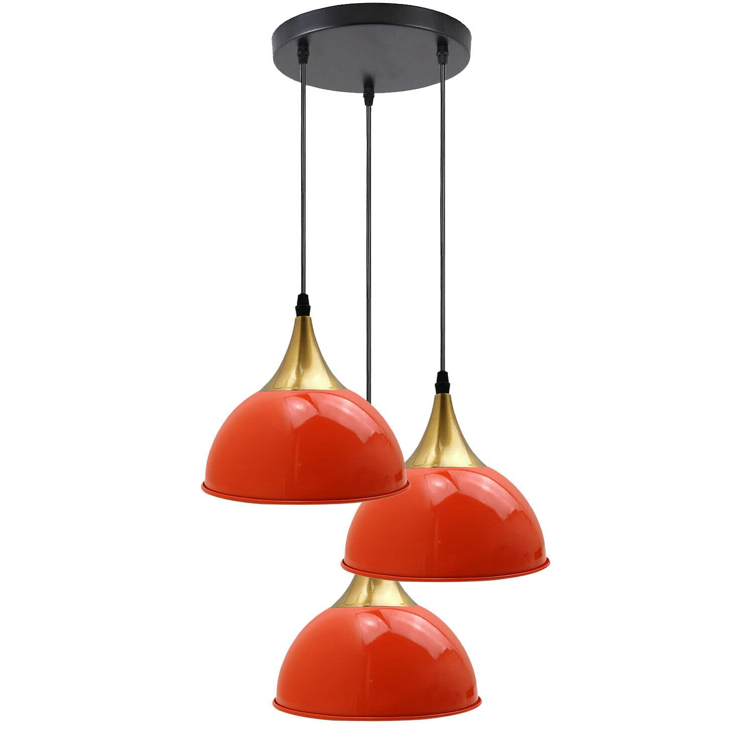 LEDSone Industrial 3 Head Ceiling Pendant Light Orange 21 Cm Dome Lampshade with Adjustable Cable and E27 Socket for Dining Room, Kitchen Island, Bedroom, Hallway