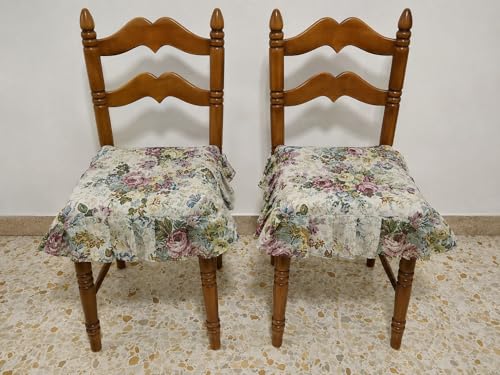 Set 2 Cuscini per Sedie con Volant in Tessuto Gobelin, Made in Italy - Coppia di Cuscini Coprisedia Imbottiti per Cucina e Sala da Pranzo - Coprisedie Eleganti Shabby Chic con Lacci (Set da 2 Pezzi)