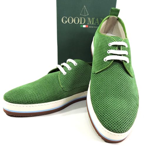 Goodman Italian Men's Perforated Suede Oxford Shoes, Green, Casual Summer Comfort, White Laces, Tricolor Sole, 41 EU3