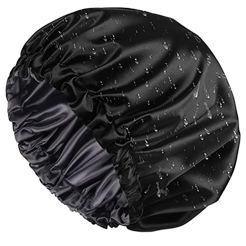 VANANSA Silk Shower Cap for Women Long Hair, Reversible Double Layer Sleeping Caps with Silk Black-Dark Grey