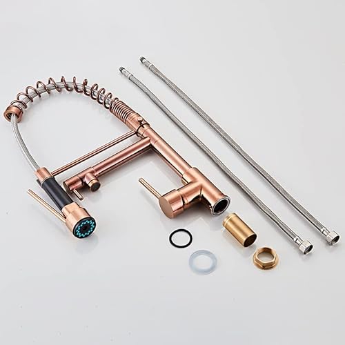 キッチン シンクの蛇口 バー ファームハウス コマーシャル用 全銅製 ブラック スプリング プルアウト キッチン シンクの蛇口 温水 クロム/ゴールド ミキサー クレーン タップ デュアルスパウト デッキ マウント付き(Rose Gold)