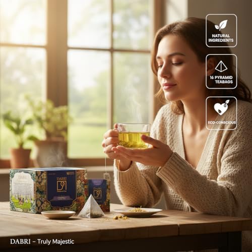 Image of Dabri Chamomile Green Tea 16 Pyramid Dip Tea Bags | Natural Whole Leaf & Chamomile Flowers | Relieves Menstrual Cramps & Stress | Aids Sleep & Digestion | Supports Glowing Skin & Strong Hair