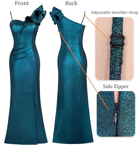 Image of VFSHOW Womens Ruffle One Shoulder Strap Ruched Formal Prom Wedding Maxi Dress V Neck Elegant Split Cocktail Evening Long Gown