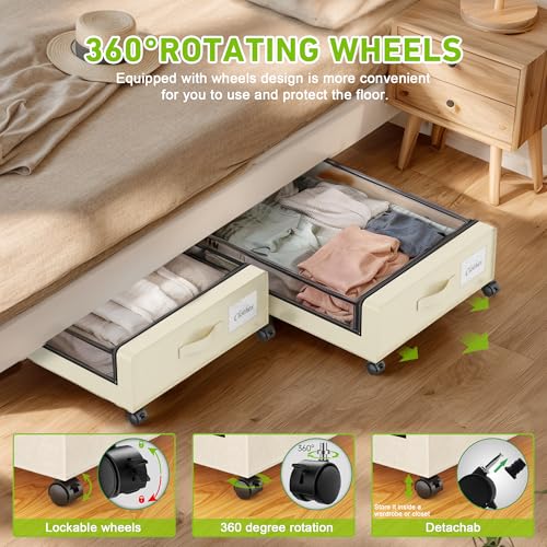 Image of YAASHEEN Under Bed Storage with Wheels, Under the Bed Storage Containers with Clear Lids & Label, Underbed Storage Bins, XXL 60L Rolling Metal Drawer for Clothes, Shoes, Toys, Books (4-Pack Beige)