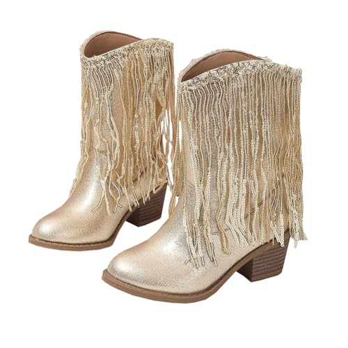 Girls Winter Low Heels Princess Boots Tassel Sequin Mid Calf Riding Shoes