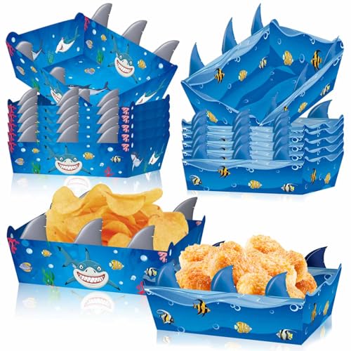 Zliisang 24 Pcs Shark Party Decorations Fin Food Trays Under The Sea Ocean Animal Theme Disposable Serving Tray Nacho Trays Food Boats Shark Birthday Party Decorations