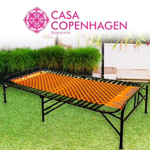 Image of Casa Copenhagen, Portable Single Folding Bed Heavy Duty Metal Cot Khat for Sleeping Bed Space Saving Design Sturdy Synthetic Niwar feet - Orange & Jet Black