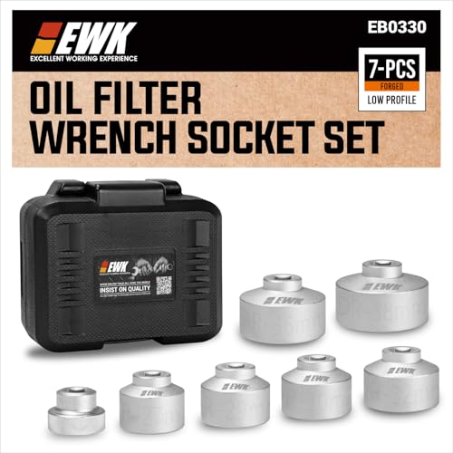 EWK Forged 7-Pcs Low Profile Oil Filter Wrench Socket Set 24 27 29 30 32 36 38mm 3/8 in Drive Oil Filter Cap Removal Tool Kit for BMW Mercedes Benz Ford Dodge