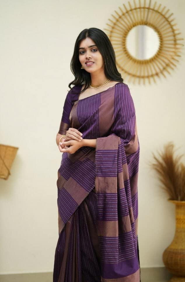 Flosive Women's Present Banarasi Soft Lichi Silk Saree Beautiful Jacquard Rich Pallu Design Work Zari Woven Kanjivaram Silk Style Saree With Soft Lichi Silk Blouse Piece Beauty (Purple).