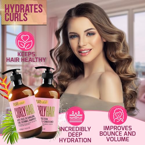 Image of Curly Hair Shampoo and Conditioner Set - Sulfate Free and Color Safe - For Wavy, Frizzy, Fine, Black and Permed Styles - Moisturizing for Men and Women - Deep Curl Hydrating Products with Argan Oil
