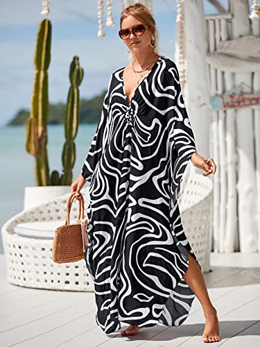 Image of sunforyou Kaftan Dresses for Women Plus Size Lightweight Swimsuit Cover up Batwing Sleeve Print Loungewear Beach Robe
