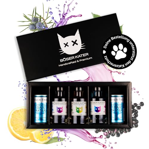 BÖSER KATER Farbwechsel Gin Tasting-Set | Hochwertige Geschenkbox | Perfekte Geschenkidee | 3 Sorten Farbwechsel Gin + 2 Dosen Fever Tree Tonic Water | für bis zu 5 Personen | 300 ml 40% Vol.