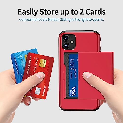 ACOCOBUY for iPhone 11 Case with Card Holder Sliding Cover Hidden Pocket IDs Credit Cards Slot Heavy Duty Shockproof Protective Dual Layer Wallet Phone Cover Back Shell for Men Women 6.1 inch Red - Image 3