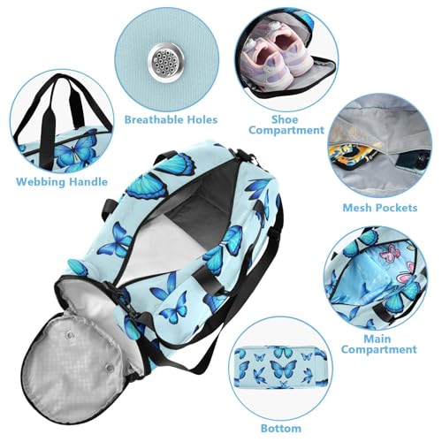 Blue Butterflies Duffle Bag for Girl, Sports Duffle Gym Bags with Shoe Compartment, Personalized Overnight Bag Travel Weekender for Kids3